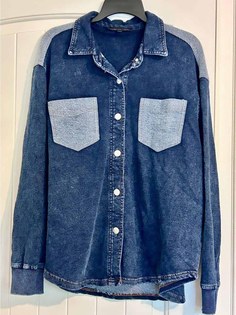 Jane and Delancey Two-Tone Blue Button-Down Jersey Denim Shirt